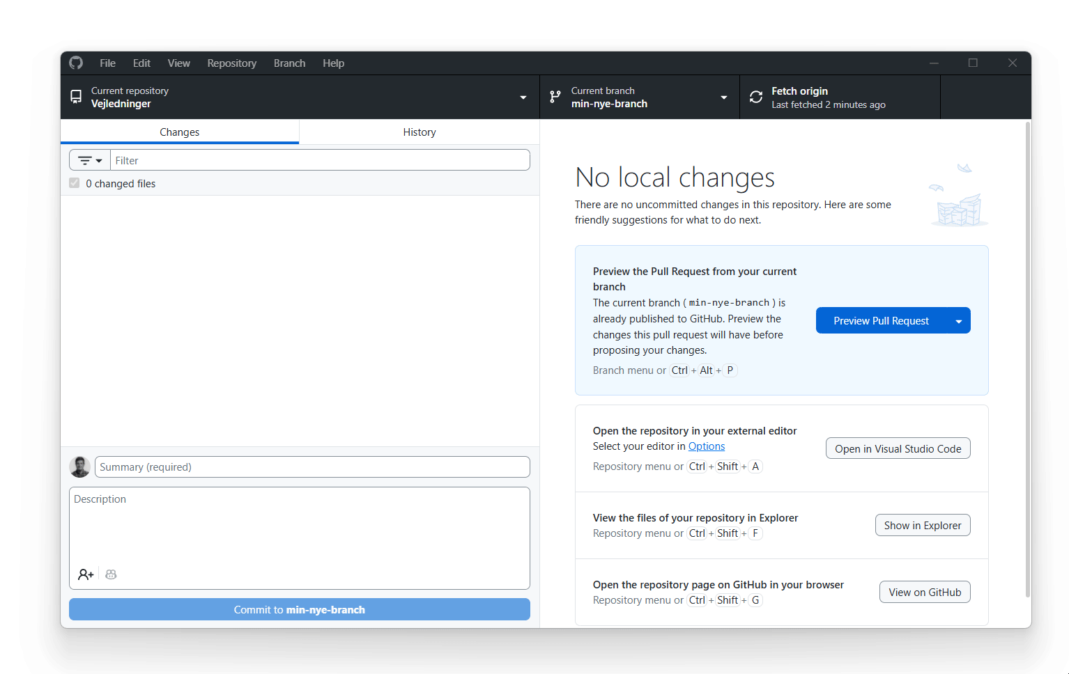Opret pull request i GitHub Desktop